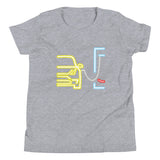 Tesla inspired apparel. Model Y at supercharger. Supercharging. Plugged In Y image centered on youth t-shirt.