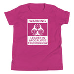 Tesla inspired apparel. Elon Musk quote. Cybertruck. Leader In Apocalypse Technology image centered on youth t-shirt.