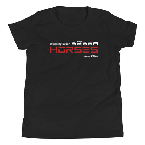 Tesla inspired apparel. Henry Ford and Elon Musk. Comments about horses. Building Faster Horses image centered on youth t-shirt.