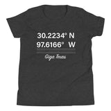 Tesla inspired apparel. Texas Gigafactory GPS coordinates. Birthplace Texas image centered on youth t-shirt.