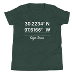 Tesla inspired apparel. Texas Gigafactory GPS coordinates. Birthplace Texas image centered on youth t-shirt.