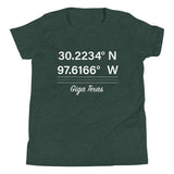 Tesla inspired apparel. Texas Gigafactory GPS coordinates. Birthplace Texas image centered on youth t-shirt.