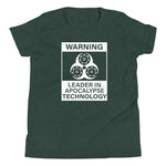 Tesla inspired apparel. Elon Musk quote. Cybertruck. Leader In Apocalypse Technology image centered on youth t-shirt.