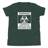 Tesla inspired apparel. Elon Musk quote. Cybertruck. Leader In Apocalypse Technology image centered on youth t-shirt.