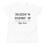 Tesla inspired apparel. Texas Gigafactory GPS coordinates. Birthplace Texas image centered on youth t-shirt.