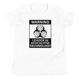 Tesla inspired apparel. Elon Musk quote. Cybertruck. Leader In Apocalypse Technology image centered on youth t-shirt.