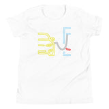 Tesla inspired apparel. Model S at supercharger. Supercharging. Plugged In S image centered on youth t-shirt.